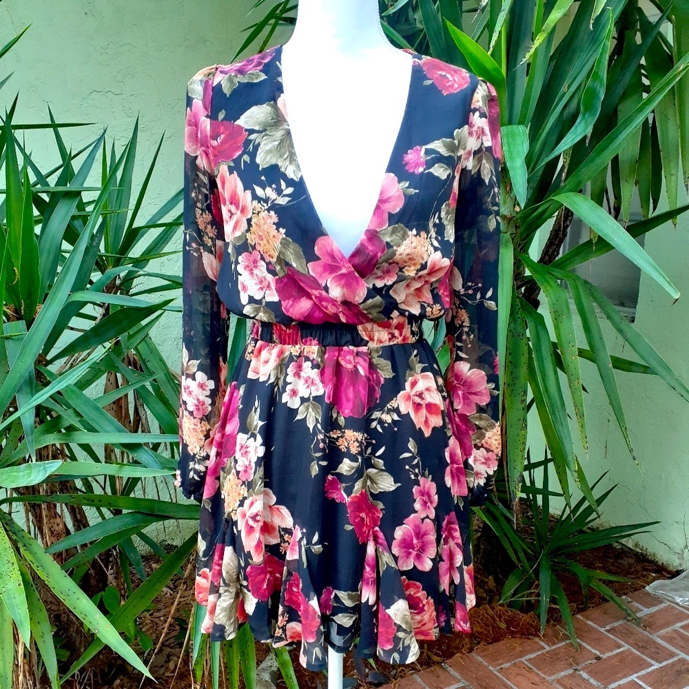Black Pink Floral Ruffle V Neck Dress
